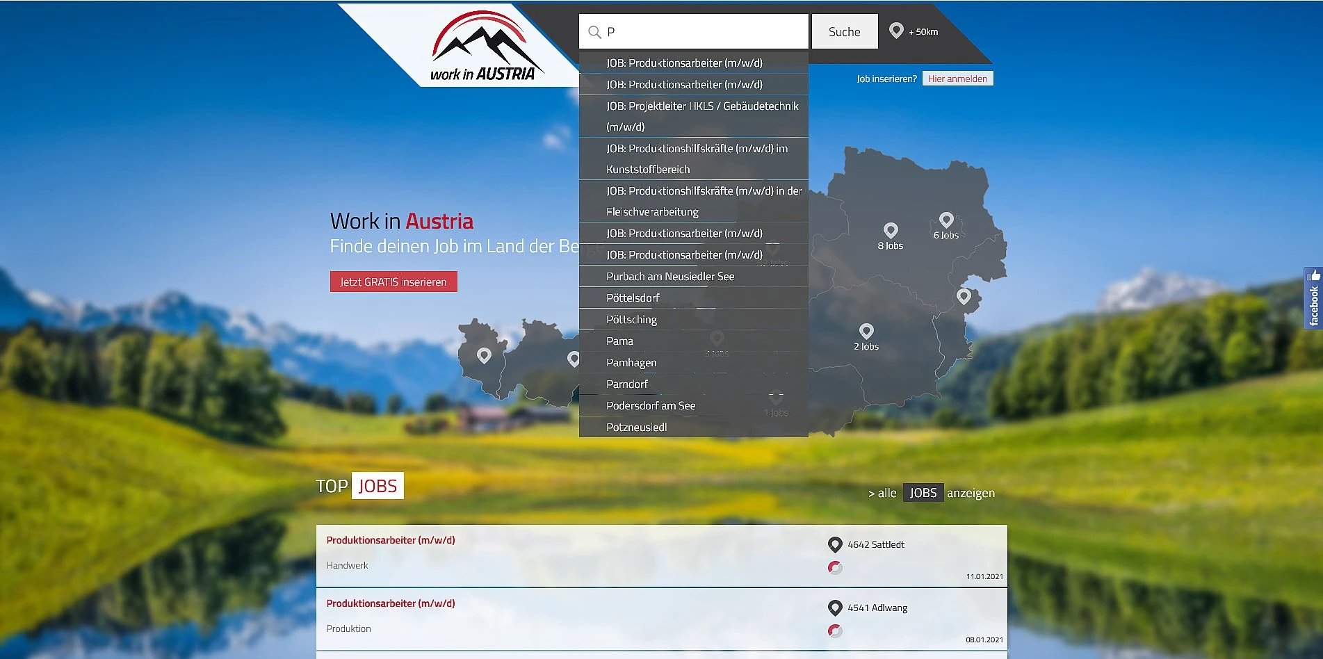 Suchfunktion Jobs und Orte